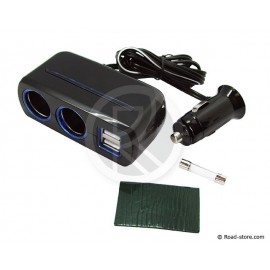 DOUBLE AC 12/24V 80W + 2 PORTS USB 2100mA SUR CABLE + LED BLEUE