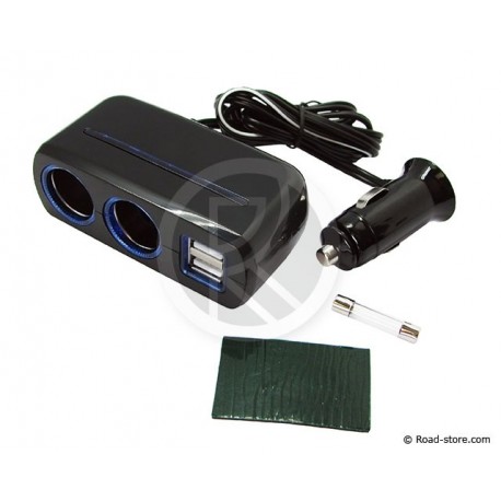 Doppel Zigarettenanzünder 12/24V + 2 USB Anschluss Blau LED Fast