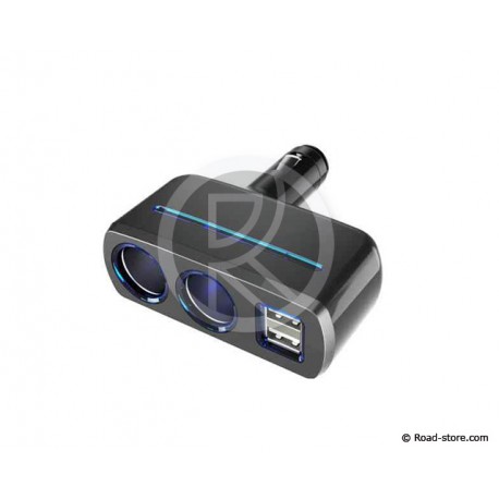 DOUBLE AC 12/24V 80W + 2 PORTS USB 2100mA EN T PIVOTANT + LED BLEUE